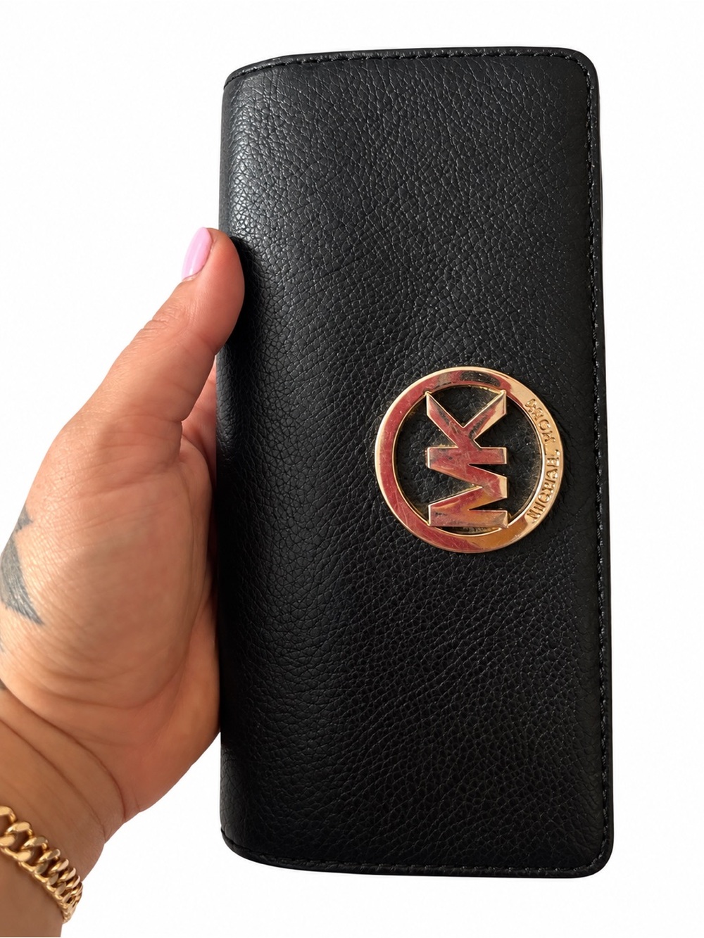 🖤 Michael Kors Black Leather Continental Wallet – Gold MK Logo